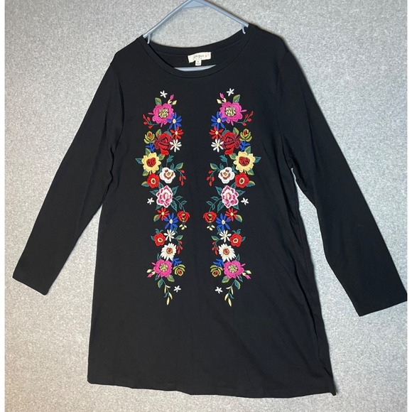 Umgee Tops - Umgee Tunic Dress Womens XL Floral Embroidered Soft Cozy A Line‎ Black